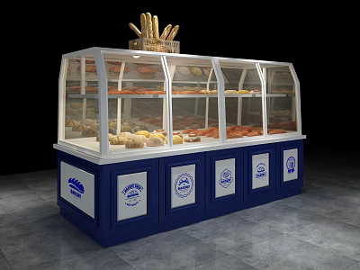 Commercial Bakery Display Cabinet With Glass Doors Blue White Design For Bread Pastries 3d model