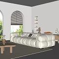 Modern Living Room Interior With White Sofa Arched Window Blinds Wall Shelves And Decorative Items