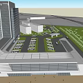 Modern Architectural Complex Featuring Tall Building Large Low-Rise Structure Parking Lot Greenery Roads And Pedestrians