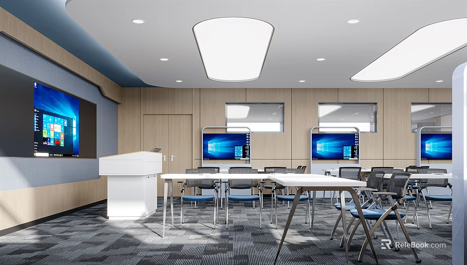 School Modern Classroom With Large Screens Wooden Walls White Podium Tables Chairs And Ceiling Lights 3d model 