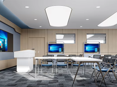 School Modern Classroom With Large Screens Wooden Walls White Podium Tables Chairs And Ceiling Lights 3d model