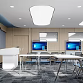 School Modern Classroom With Large Screens Wooden Walls White Podium Tables Chairs And Ceiling Lights