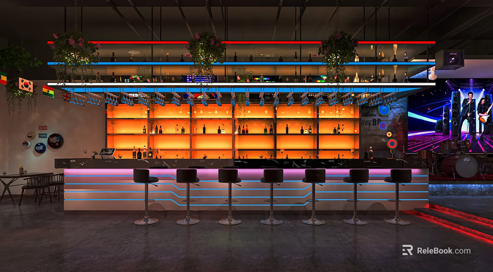Modern Bar Interior Design With Counter Stools And Shelves Of Wine Bottles 3d model 