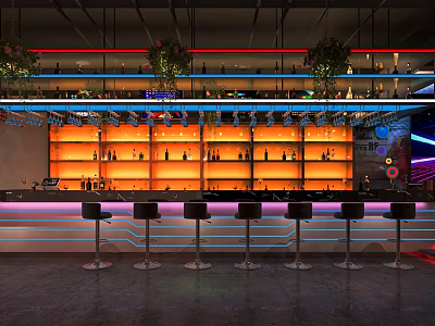 Modern Bar Interior Design With Counter Stools And Shelves Of Wine Bottles 3d model