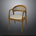 Stylish Wooden Chair With Woven Rattan Armrests And White Padded Seat