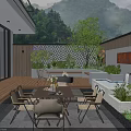 Modern Garden With Wooden Deck Dining Table Chairs Water Feature Lush Plants And Mountain View