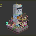 Cartoon Scene of Modern Capital Tower with Traditional Japanese Style Buildings Small Trees and Red Decorations
