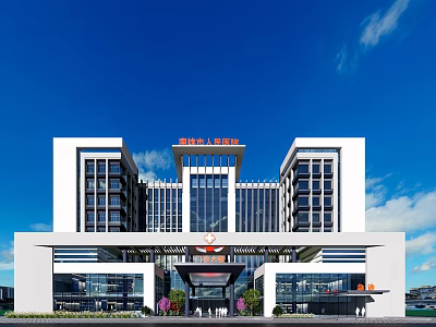 Modern Hospital Entrance Facade With Glass Curtain Wall And Green Plants Decoration Design 3d model