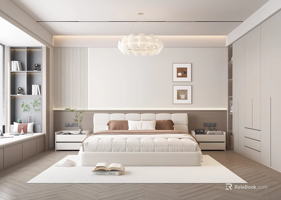 Modern Bedroom Interior Design With White Bed Chandelier Nightstands Decorative Paintings And Soft Rug 3d model 