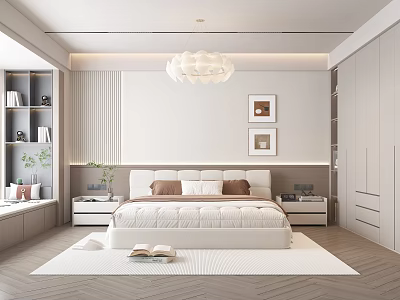 Modern Bedroom Interior Design With White Bed Chandelier Nightstands Decorative Paintings And Soft Rug 3d model