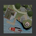 Cartoon Scene With Red And White Lighthouse Small Wooden Houses Pine Trees And Boat On Water