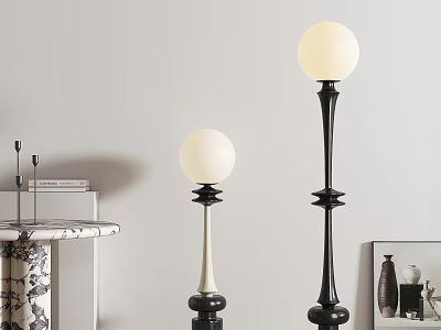 Two Tall and Short Floor Lamps With Spherical Shades Black and White Poles in Modern Interior 3d model