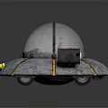 Vintage Flying Saucer Model With Transparent Dome Metal Surface Yellow Stripes And Side Engines