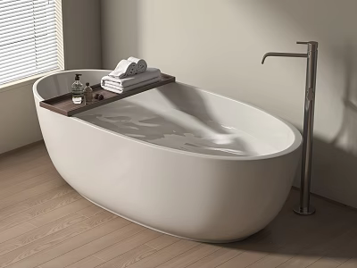 Minimalist Bathroom With Freestanding Bathtub And Wooden Tray 3d model