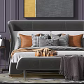Modern Double Bed Bedroom Interior With Gray Headboard Multiple Pillows Side Table And Framed Artwork 3d model