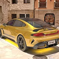 Yellow Stylish Sports Car Parked On Old Streets With Ancient Buildings