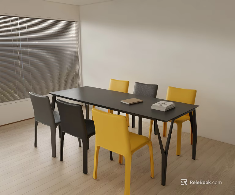 Modern Black Dining Table Set With Yellow And Gray Dining Chairs Near Window 3d model