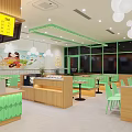 Modern Restaurant Interior With Green Chairs Wooden Tables White Pendant Lights And Glass Partitions