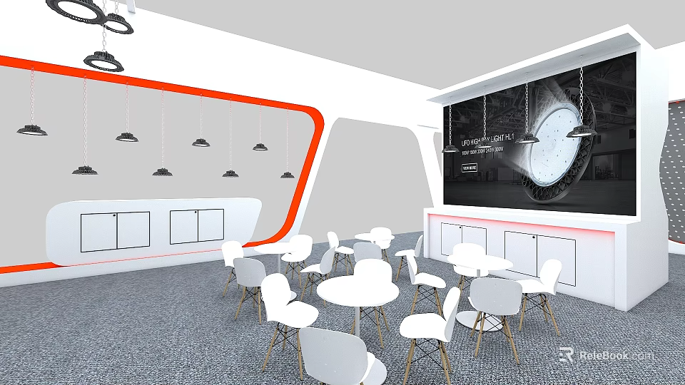 Sleek Modern Exhibition Display Shelves With Comfortable Casual Seating Area For Trade Show Booth Interior 3d model 