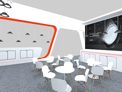 Sleek Modern Exhibition Display Shelves With Comfortable Casual Seating Area For Trade Show Booth Interior 3d model