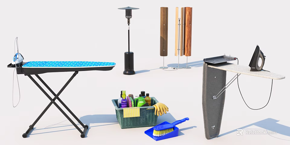 Functional Ironing Desk With Cleaning Supplies And Wooden Storage Accessories 3d model 