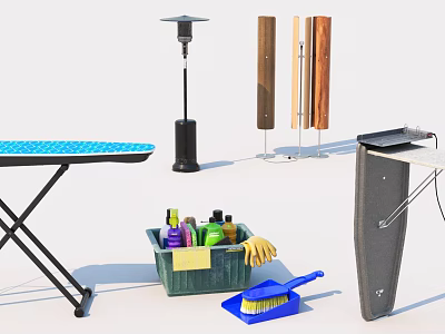 Functional Ironing Desk With Cleaning Supplies And Wooden Storage Accessories 3d model