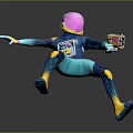 Sci Fi Character in Action Pose with Pink Helmet Teal Body and Colorful Weapon