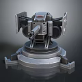 Futuristic Mechanical Automated Turret Weapon With Rotating Base Twin Barrels And Metallic Armor