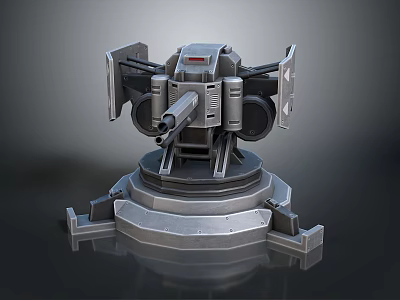 Futuristic Mechanical Automated Turret Weapon With Rotating Base Twin Barrels And Metallic Armor 3d model