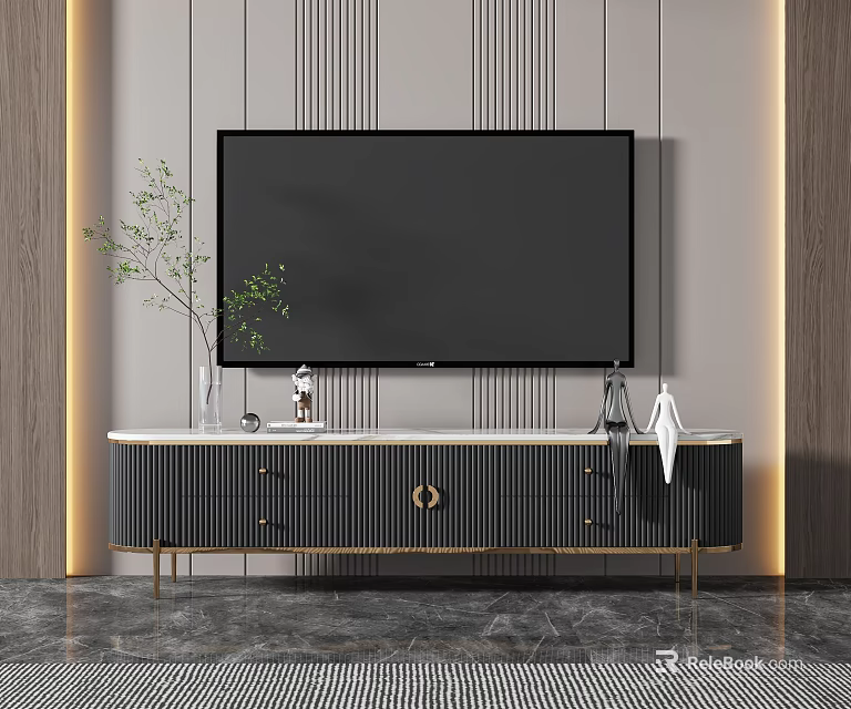 Modern TV Stand with Flat Screen TV Golden Legs Drawers and Decorative Green Plant 3d model 
