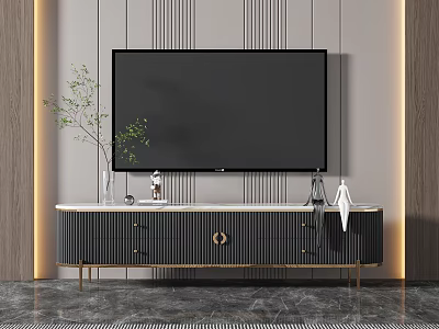 Modern TV Stand with Flat Screen TV Golden Legs Drawers and Decorative Green Plant 3d model