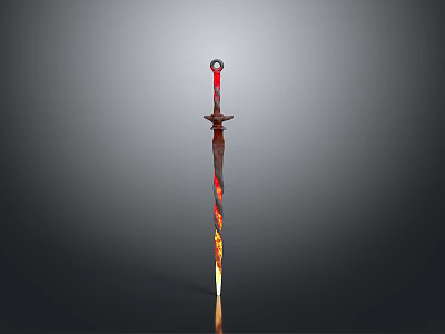 Decorative Sword With Red Hilt And Flame Patterned Blade On Gray Background 3d model
