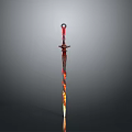 Decorative Sword With Red Hilt And Flame Patterned Blade On Gray Background