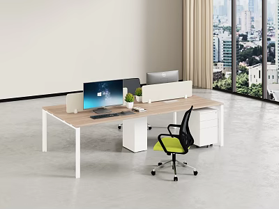 Modern Office Desk With Wooden Top White Legs Dual Monitors Green Plant And Black Chair 3d model