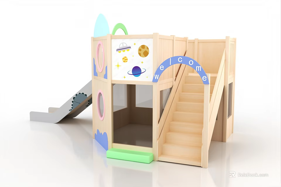 Wooden Kids Playground Equipment With Slide Stairs Welcome Sign And Space Themed Decorations 3d model 