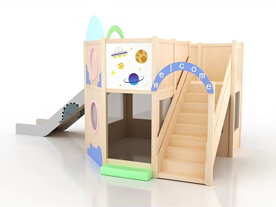 Wooden Kids Playground Equipment With Slide Stairs Welcome Sign And Space Themed Decorations 3d model