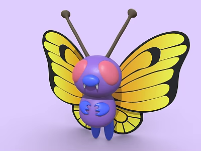 Cartoon Flying Animal Butterfly with Purple Body Yellow Wings Black Edges and Pink Eyes 3d model