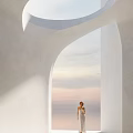 White Arched Architecture With Sunset Sky Ocean View And Woman In White Dress