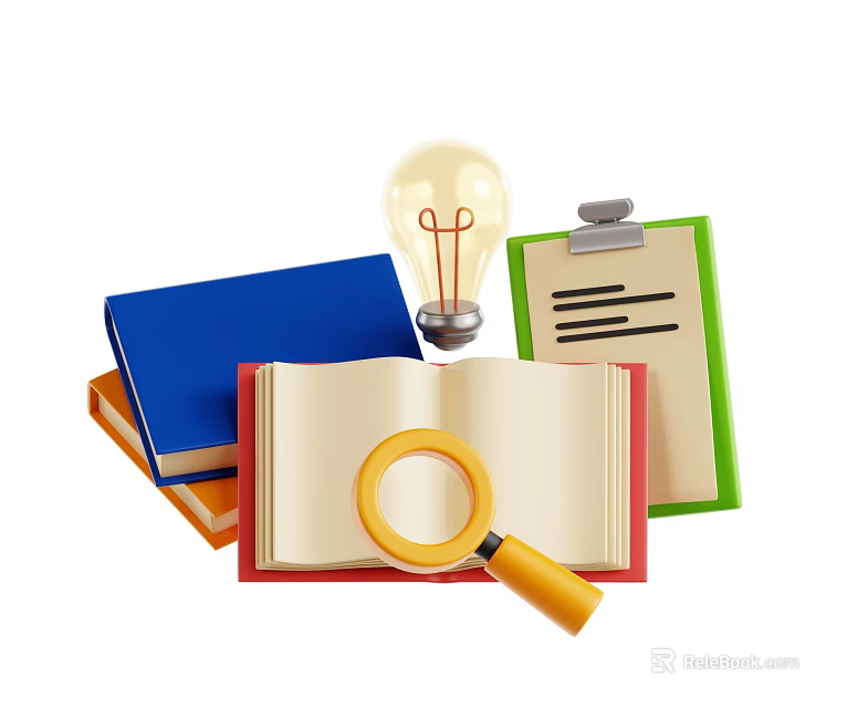 Colorful Books Magazines Open Pages With Magnifying Glass Light Bulb Clipboard 3d model 