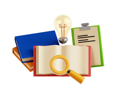 Colorful Books Magazines Open Pages With Magnifying Glass Light Bulb Clipboard 3d model