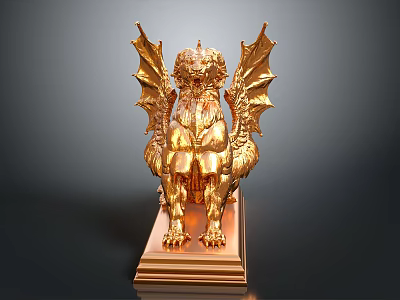 Golden Winged Lion Statue With Detailed Wings And Ornate Pedestal 3d model