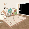 Kids Room Interior With Play Tent Stuffed Toys Colorful Bookshelves And Cartoon Rug