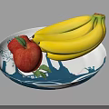Ceramic Plate With Blue And White Pattern Holding Red Apple And Bananas