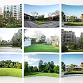 Residential Community With High Rise Buildings Low Rise Houses Green Lawns Trees And Landscaped Courtyards