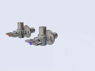 Two Silver Faucets With Red And Purple Control Knobs And Metal Bodies 3d model