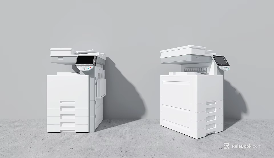 Two Modern White Office Multifunctional Printers With Display Screens And Drawers 3d model 