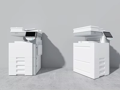 Two Modern White Office Multifunctional Printers With Display Screens And Drawers 3d model