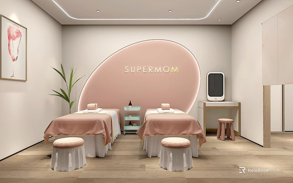 Spa Sauna Interior With Two Massage Beds Pink Sheets Small Stools And Green Plants 3d model 
