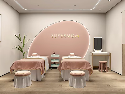 Spa Sauna Interior With Two Massage Beds Pink Sheets Small Stools And Green Plants 3d model