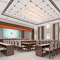 Formal Conference Room With Elegant Chandelier Long Table Chairs And Banner